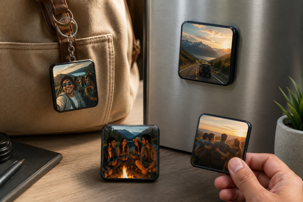 FeelsNeat Tap Tiles collection showing magnets and keychains